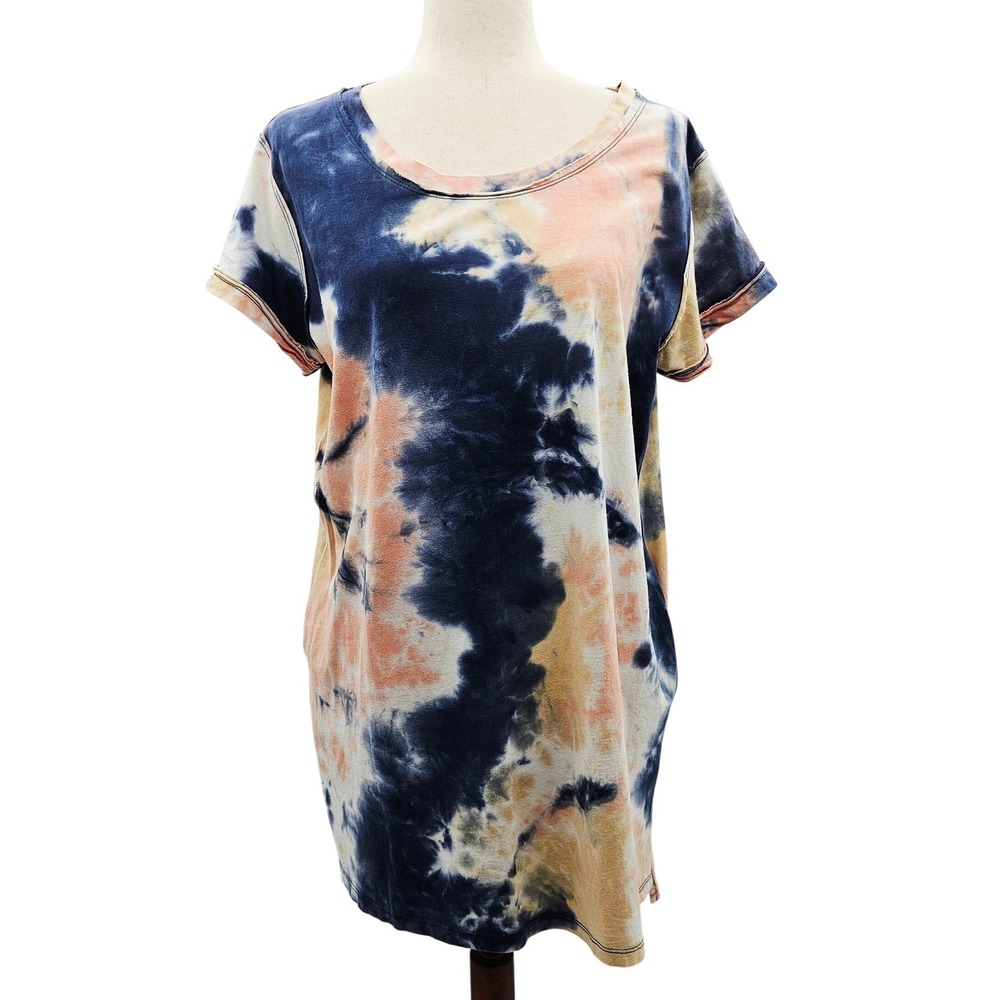 Umgee Womens Tie Dye Dress/Tunic Short Sleeve Pockets Navy Peach Small